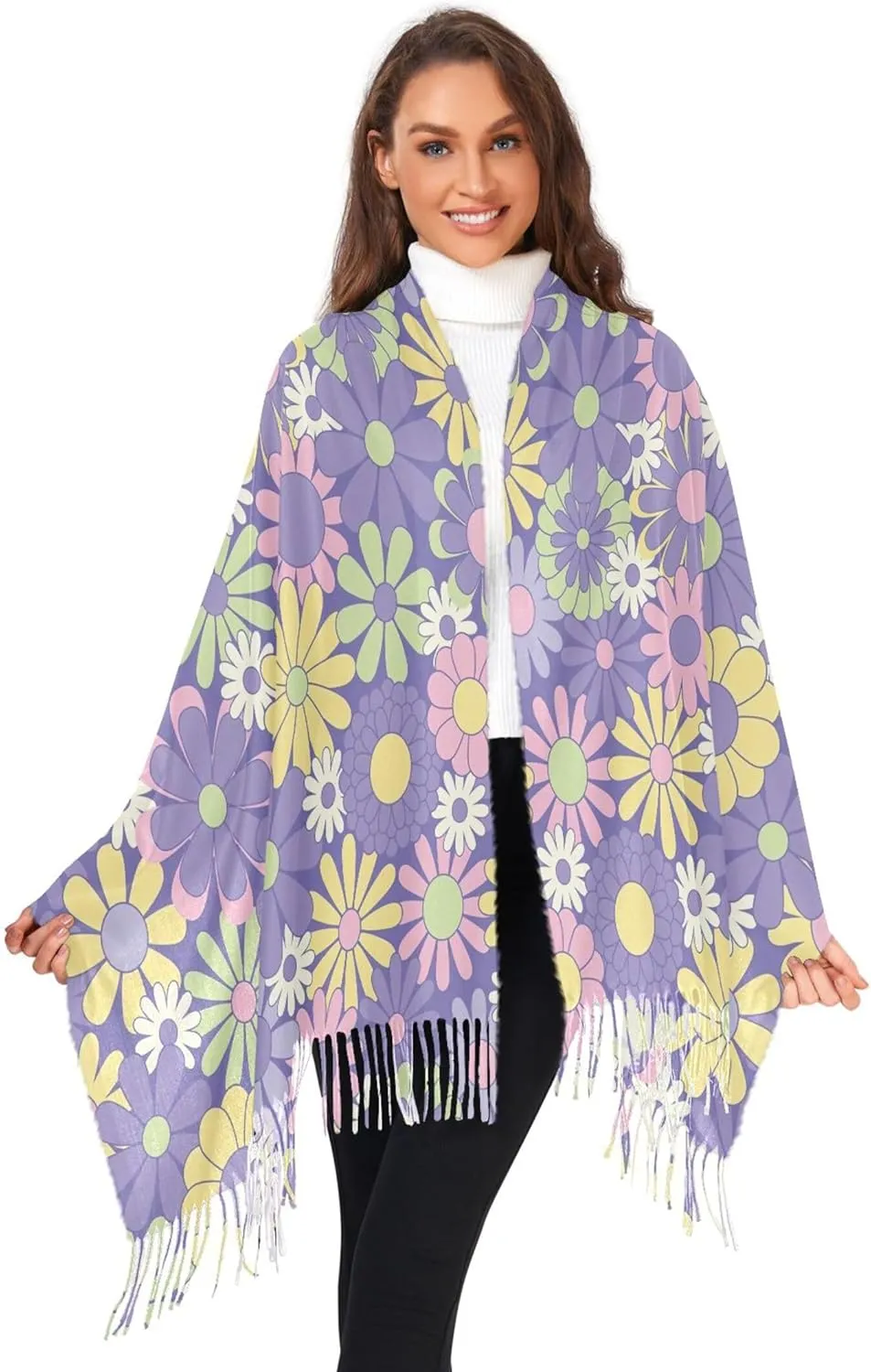 Floral Groovy Retro Flowers Knit Scarf Decorative Women Shawls and Wraps Formal Oversized Pashmina Cashmere