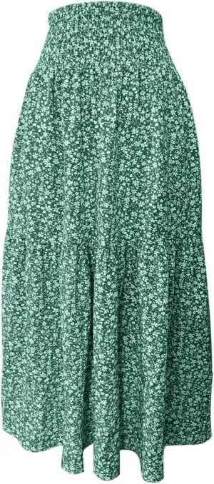 Floral Maxi Skirt for Women Boho A-Line Flowy Swing Long Skirts Elastic High Waisted Comfy Summer Vacation Skirts