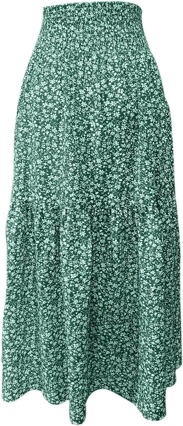 Floral Maxi Skirt for Women Boho A-Line Flowy Swing Long Skirts Elastic High Waisted Comfy Summer Vacation Skirts