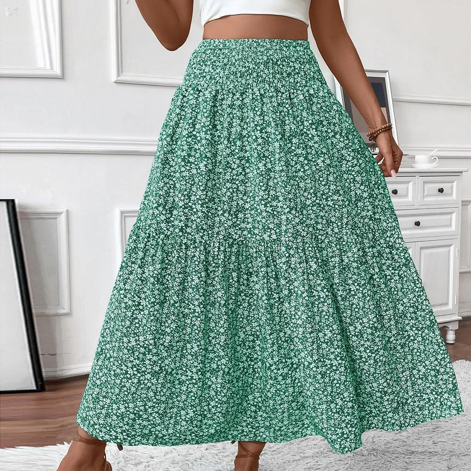 Floral Maxi Skirt for Women Boho A-Line Flowy Swing Long Skirts Elastic High Waisted Comfy Summer Vacation Skirts
