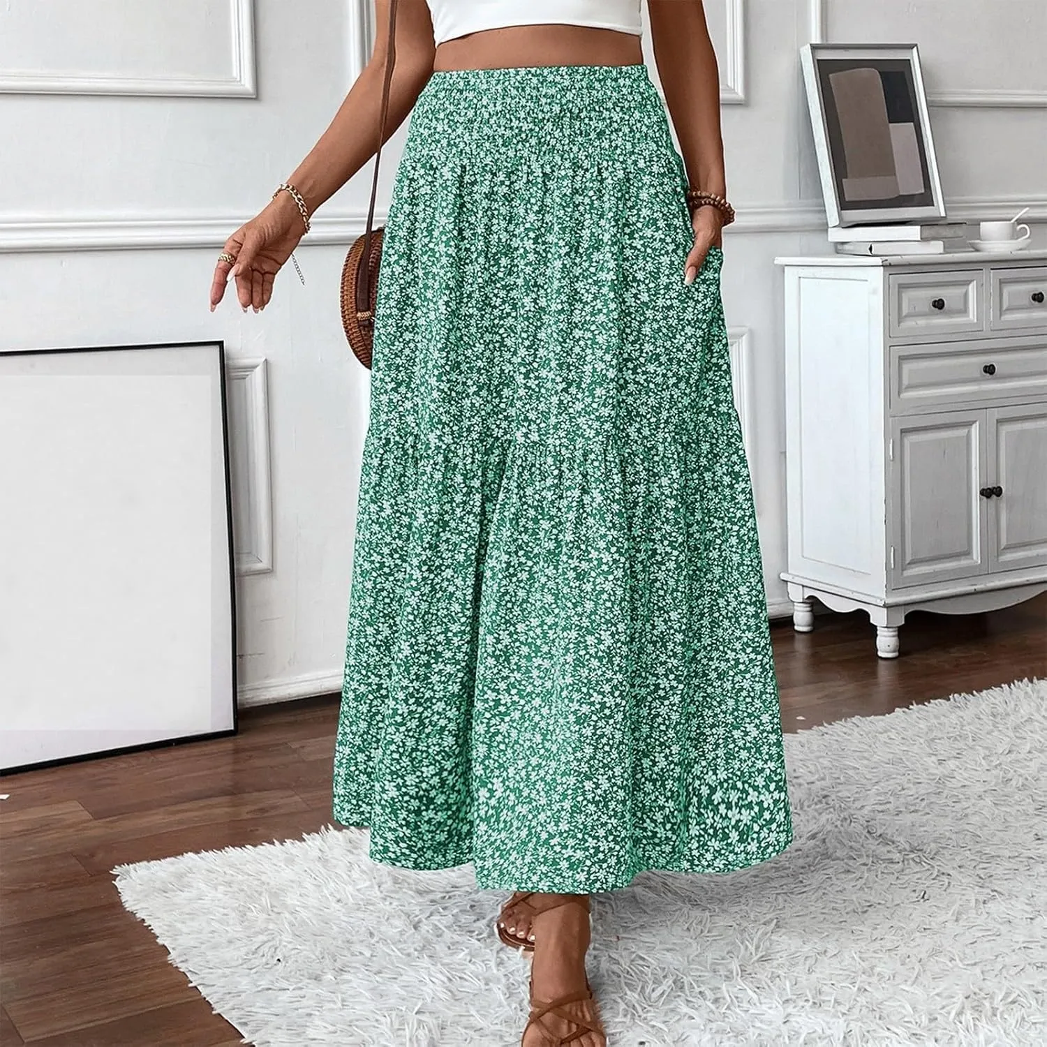 Floral Maxi Skirt for Women Boho A-Line Flowy Swing Long Skirts Elastic High Waisted Comfy Summer Vacation Skirts