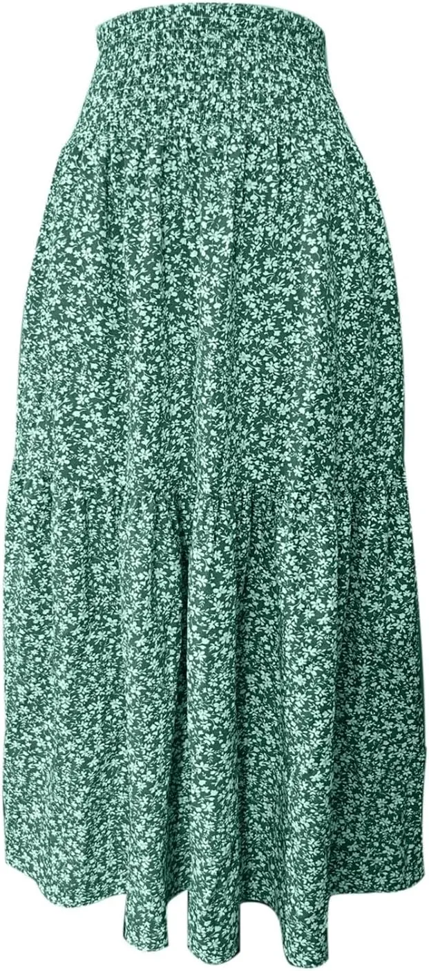 Floral Maxi Skirt for Women Boho A-Line Flowy Swing Long Skirts Elastic High Waisted Comfy Summer Vacation Skirts
