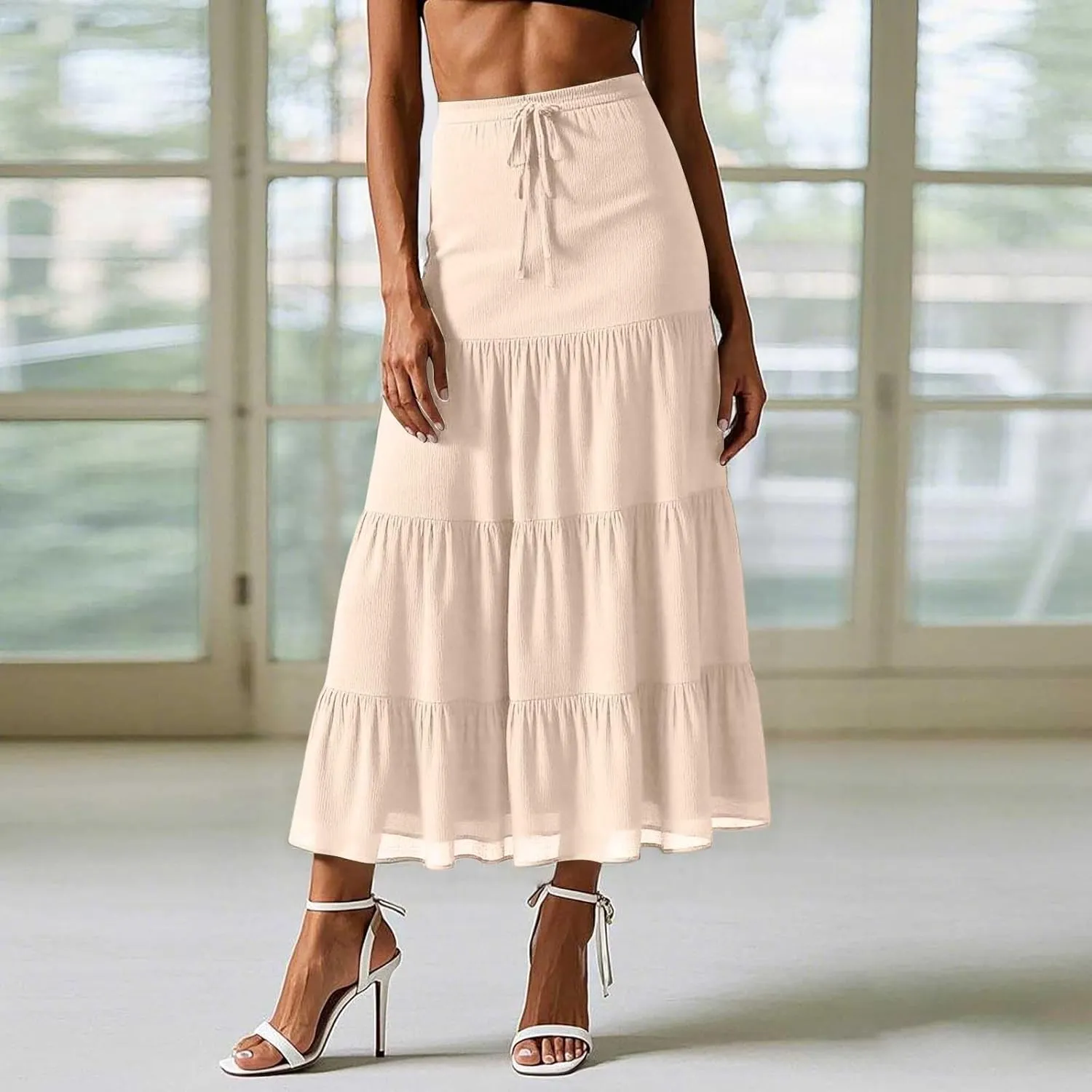 Floral Maxi Skirt for Women Summer Comfy Tiered Elastic High Waisted Skirts Vacation A-Line Flowy Swing Long Skirts