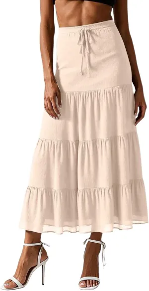 Floral Maxi Skirt for Women Summer Comfy Tiered Elastic High Waisted Skirts Vacation A-Line Flowy Swing Long Skirts