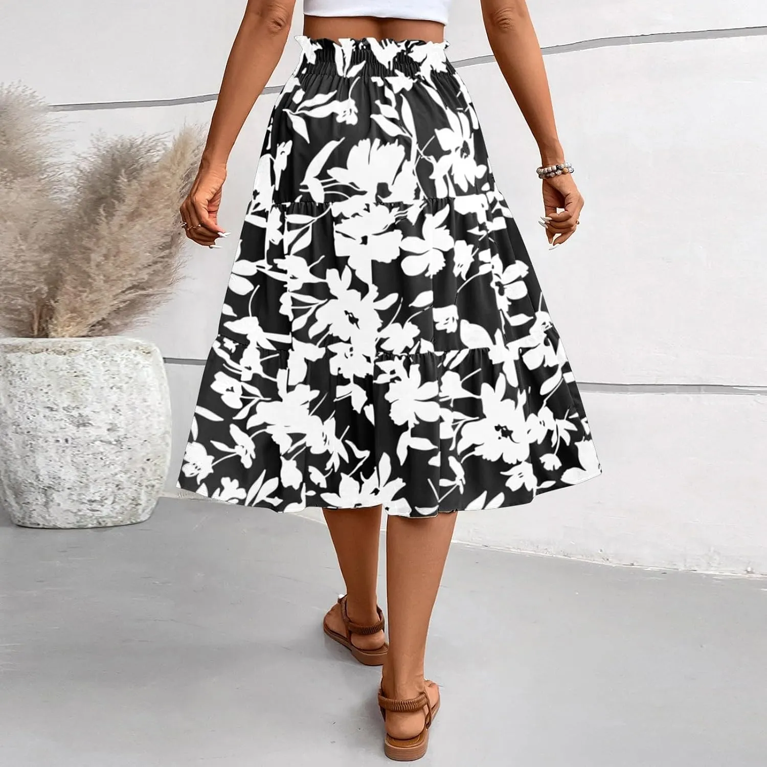 Floral Maxi Skirt for Women Summer Loose Tiered Elastic High Waisted Skirts Vacation A-Line Flowy Swing Long Skirts