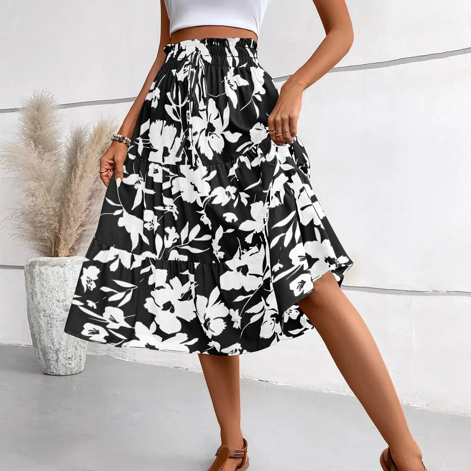 Floral Maxi Skirt for Women Summer Loose Tiered Elastic High Waisted Skirts Vacation A-Line Flowy Swing Long Skirts