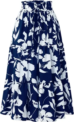 Floral Maxi Skirt for Women Summer Loose Tiered Elastic High Waisted Skirts Vacation A-Line Flowy Swing Long Skirts