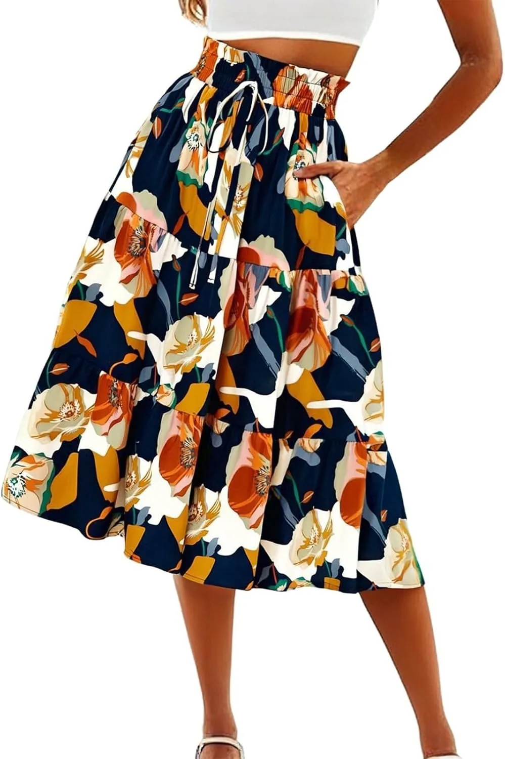Floral Maxi Skirt for Women Summer Loose Tiered Elastic High Waisted Skirts Vacation A-Line Flowy Swing Long Skirts