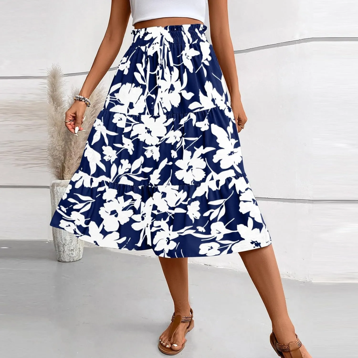 Floral Maxi Skirt for Women Summer Loose Tiered Elastic High Waisted Skirts Vacation A-Line Flowy Swing Long Skirts