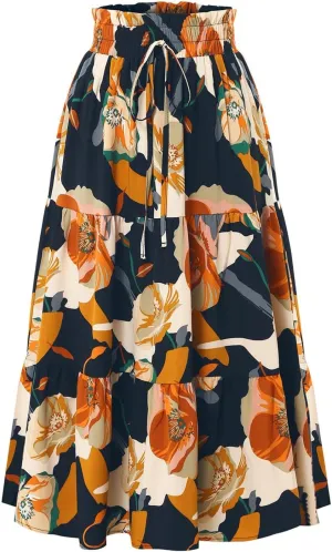 Floral Maxi Skirt for Women Summer Loose Tiered Elastic High Waisted Skirts Vacation A-Line Flowy Swing Long Skirts