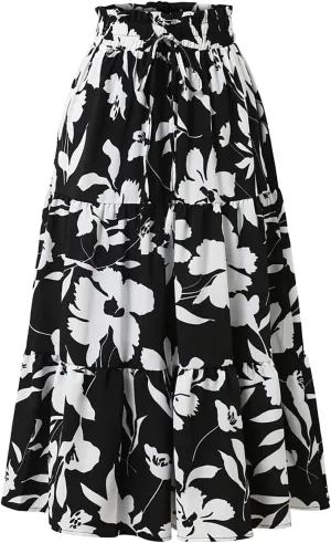 Floral Maxi Skirt for Women Summer Loose Tiered Elastic High Waisted Skirts Vacation A-Line Flowy Swing Long Skirts