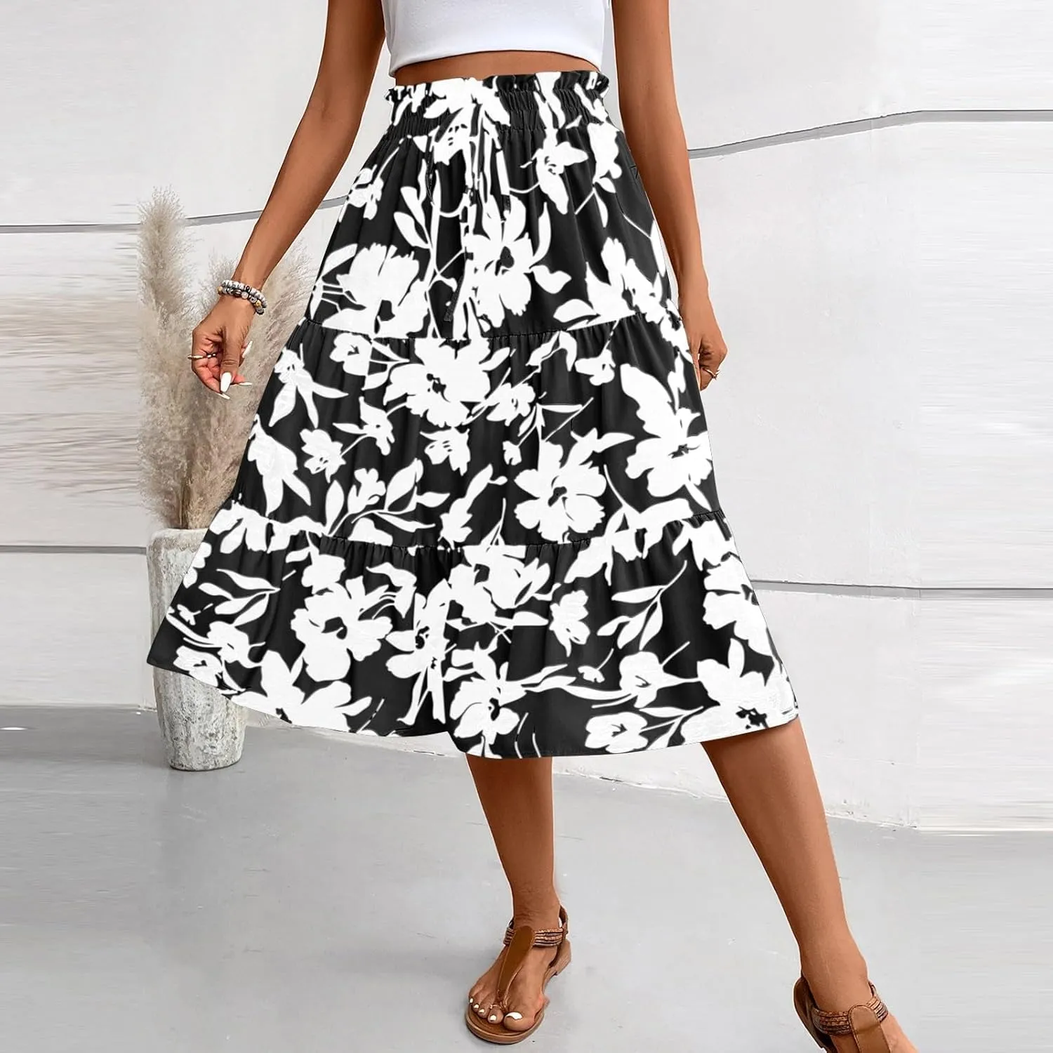 Floral Maxi Skirt for Women Summer Loose Tiered Elastic High Waisted Skirts Vacation A-Line Flowy Swing Long Skirts