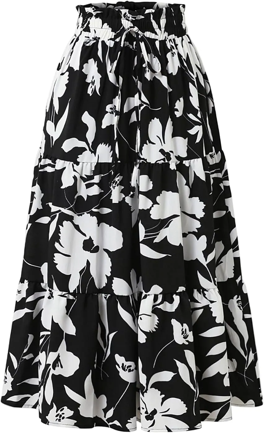 Floral Maxi Skirt for Women Summer Loose Tiered Elastic High Waisted Skirts Vacation A-Line Flowy Swing Long Skirts