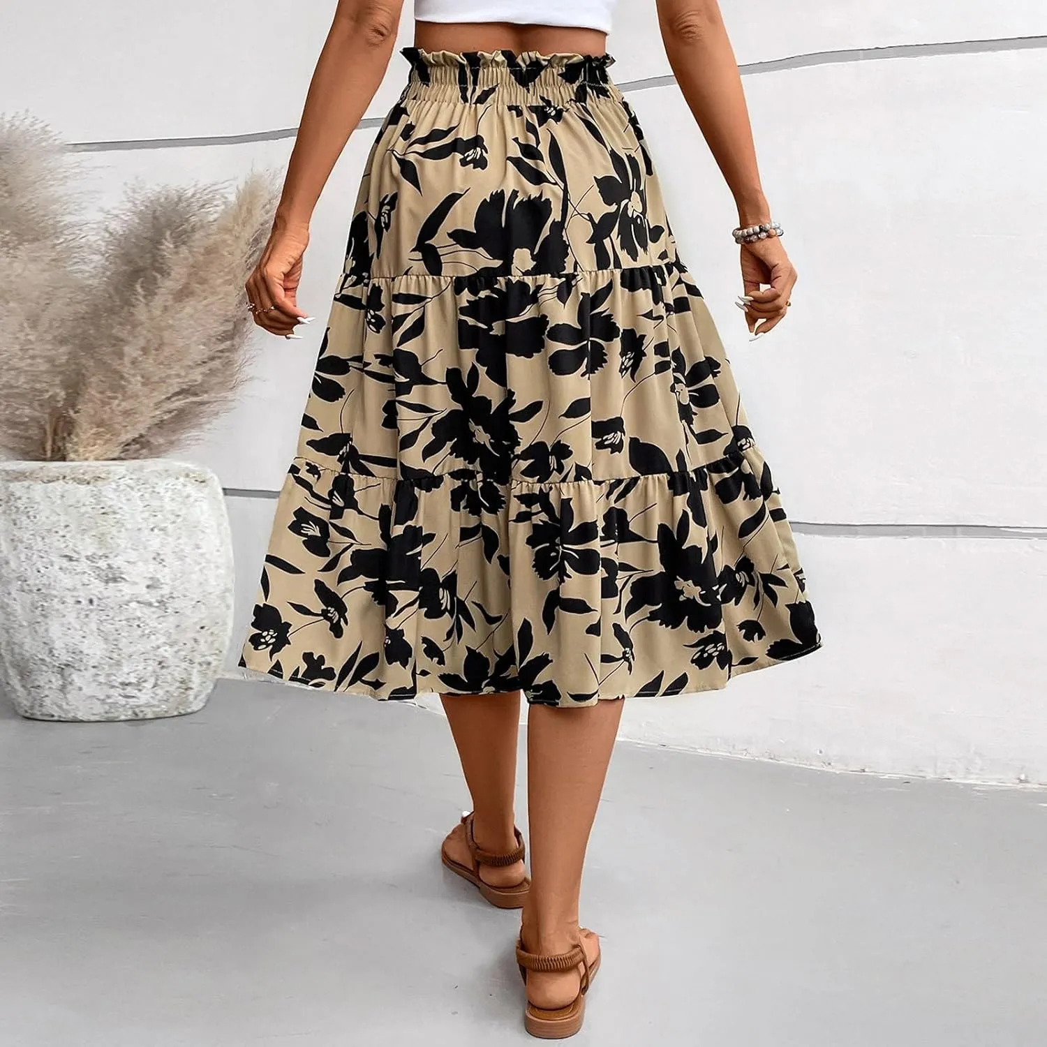 Floral Maxi Skirt for Women Summer Loose Tiered Elastic High Waisted Skirts Vacation A-Line Flowy Swing Long Skirts