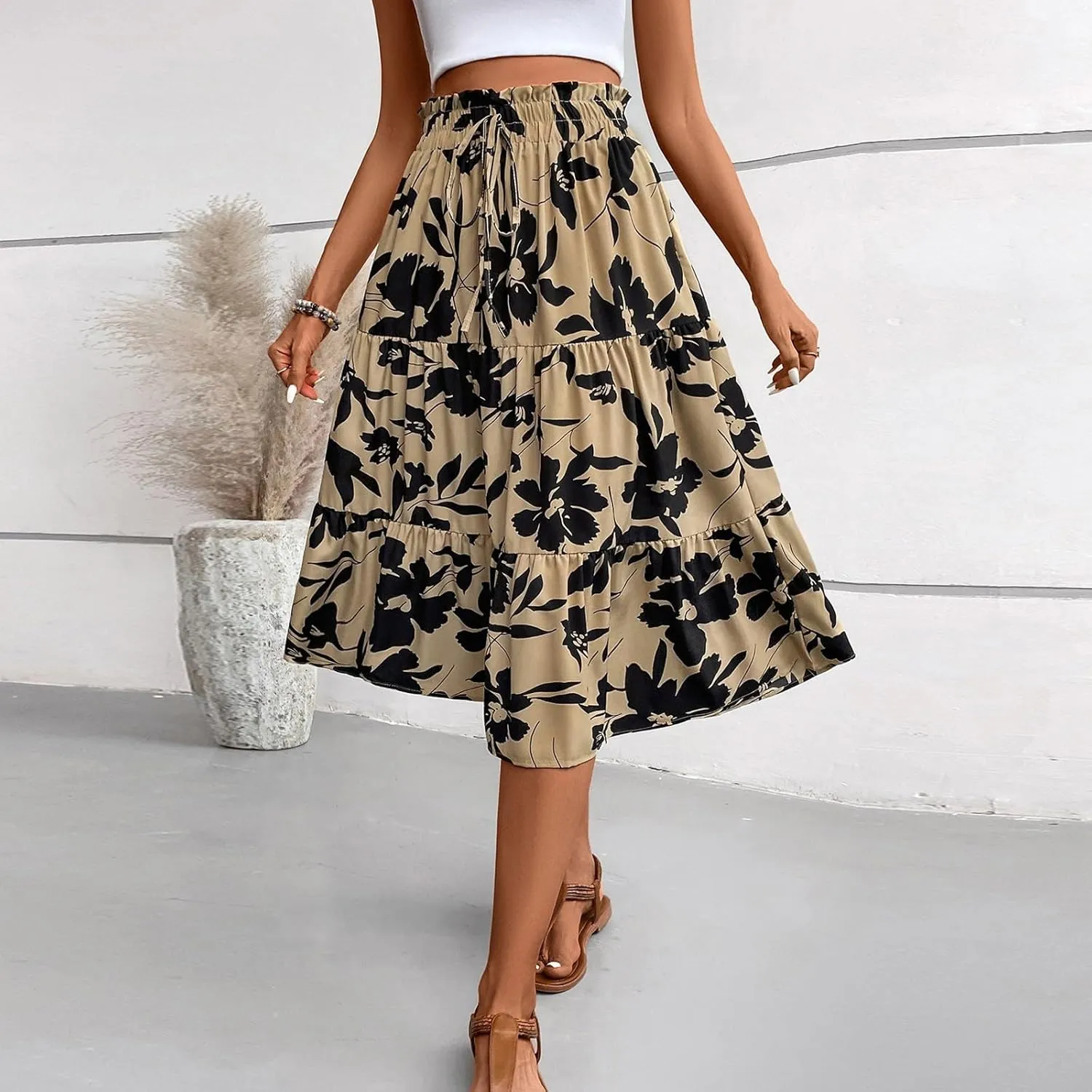 Floral Maxi Skirt for Women Summer Loose Tiered Elastic High Waisted Skirts Vacation A-Line Flowy Swing Long Skirts