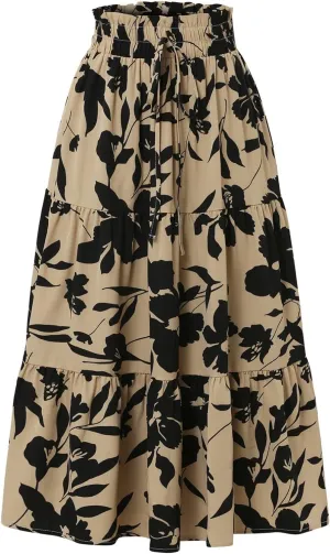 Floral Maxi Skirt for Women Summer Loose Tiered Elastic High Waisted Skirts Vacation A-Line Flowy Swing Long Skirts