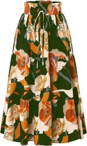 Floral Maxi Skirt for Women Summer Loose Tiered Elastic High Waisted Skirts Vacation A-Line Flowy Swing Long Skirts