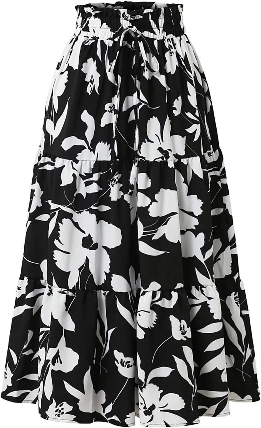 Floral Maxi Skirt for Women Summer Loose Tiered Elastic High Waisted Skirts Vacation A-Line Flowy Swing Long Skirts