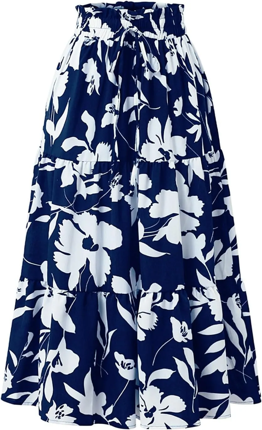 Floral Maxi Skirt for Women Summer Loose Tiered Elastic High Waisted Skirts Vacation A-Line Flowy Swing Long Skirts