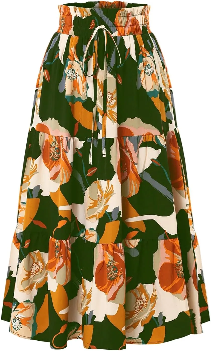 Floral Maxi Skirt for Women Summer Loose Tiered Elastic High Waisted Skirts Vacation A-Line Flowy Swing Long Skirts