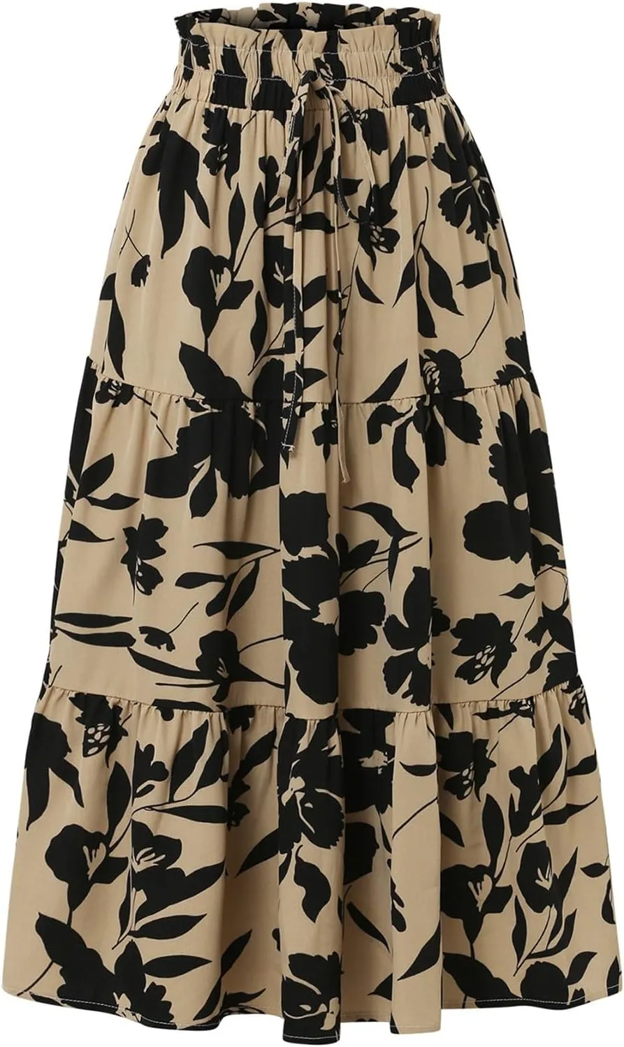 Floral Maxi Skirt for Women Summer Loose Tiered Elastic High Waisted Skirts Vacation A-Line Flowy Swing Long Skirts
