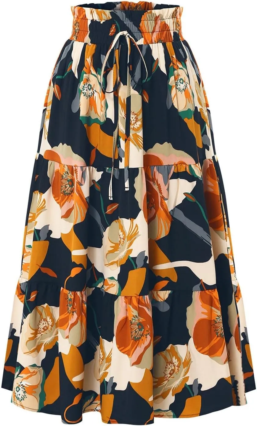 Floral Maxi Skirt for Women Summer Loose Tiered Elastic High Waisted Skirts Vacation A-Line Flowy Swing Long Skirts