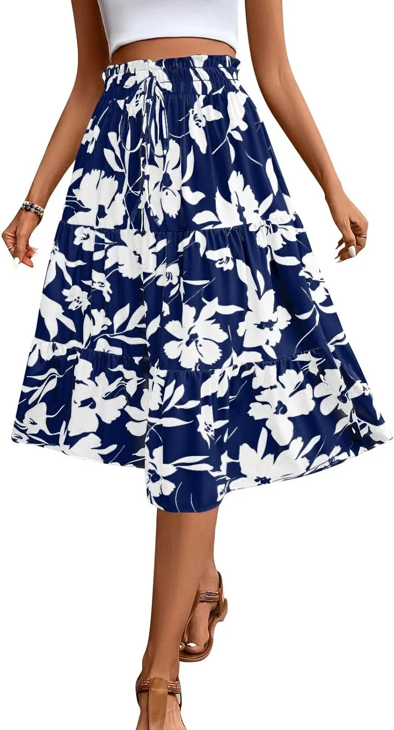 Floral Maxi Skirt for Women Summer Loose Tiered Elastic High Waisted Skirts Vacation A-Line Flowy Swing Long Skirts