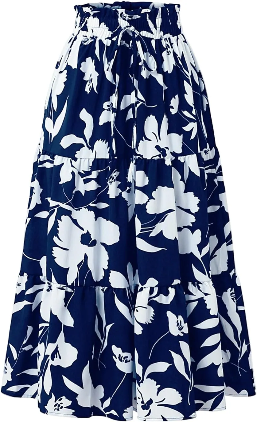 Floral Maxi Skirt for Women Summer Loose Tiered Elastic High Waisted Skirts Vacation A-Line Flowy Swing Long Skirts