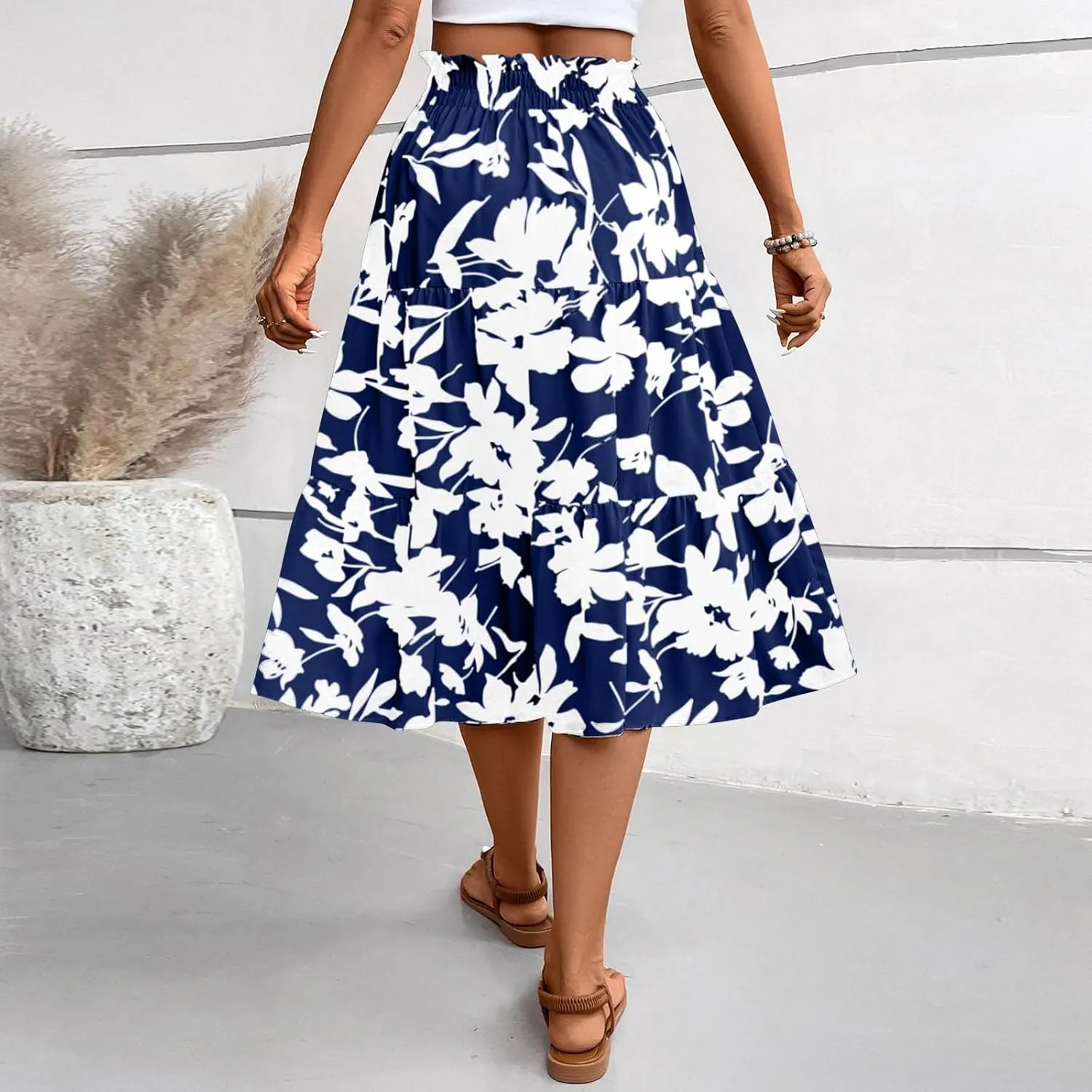 Floral Maxi Skirt for Women Summer Loose Tiered Elastic High Waisted Skirts Vacation A-Line Flowy Swing Long Skirts