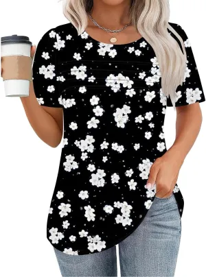 Floral Tops for Women Short Sleeve Crew Neck Casual Tops Trendy Boho Blouses Tshirt Loose Fit Tunic Hawaiian Shirts