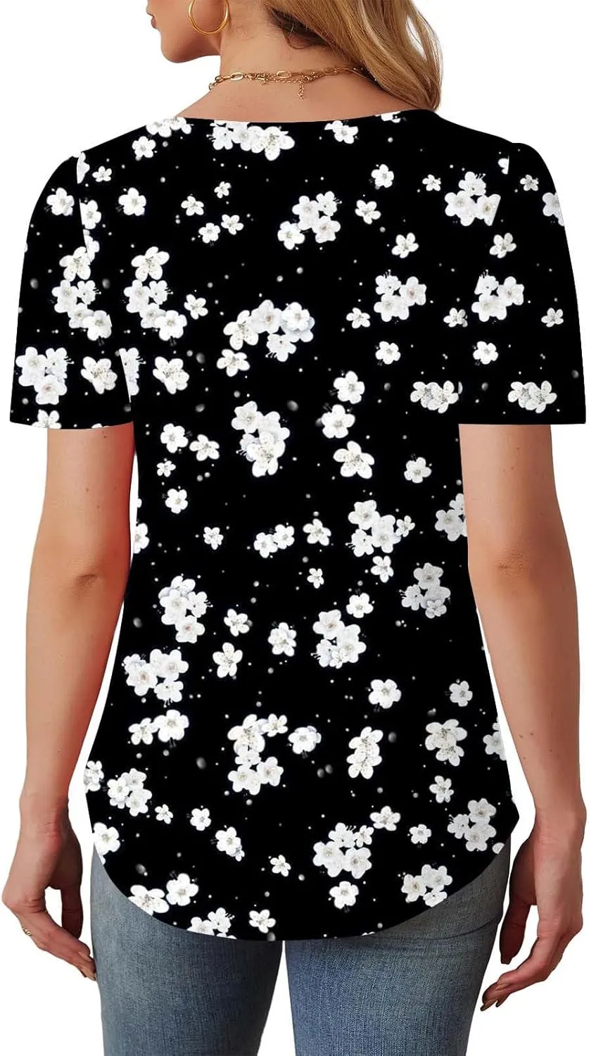 Floral Tops for Women Short Sleeve Crew Neck Casual Tops Trendy Boho Blouses Tshirt Loose Fit Tunic Hawaiian Shirts