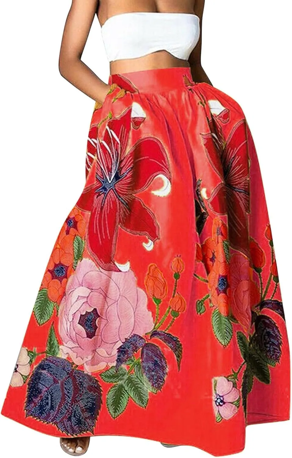 Flowy Boho Floral Printed Maxi Skirt for Women High Waisted A Line Long Skirts with Pockets Plus Size Swing Beach Dress