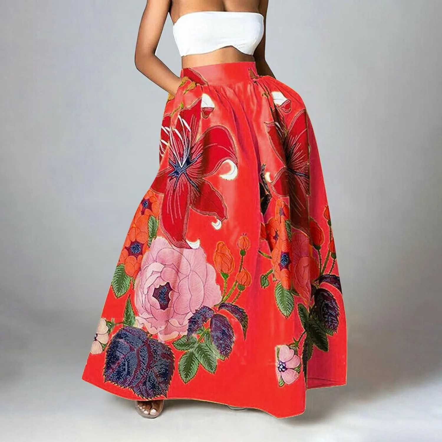 Flowy Boho Floral Printed Maxi Skirt for Women High Waisted A Line Long Skirts with Pockets Plus Size Swing Beach Dress