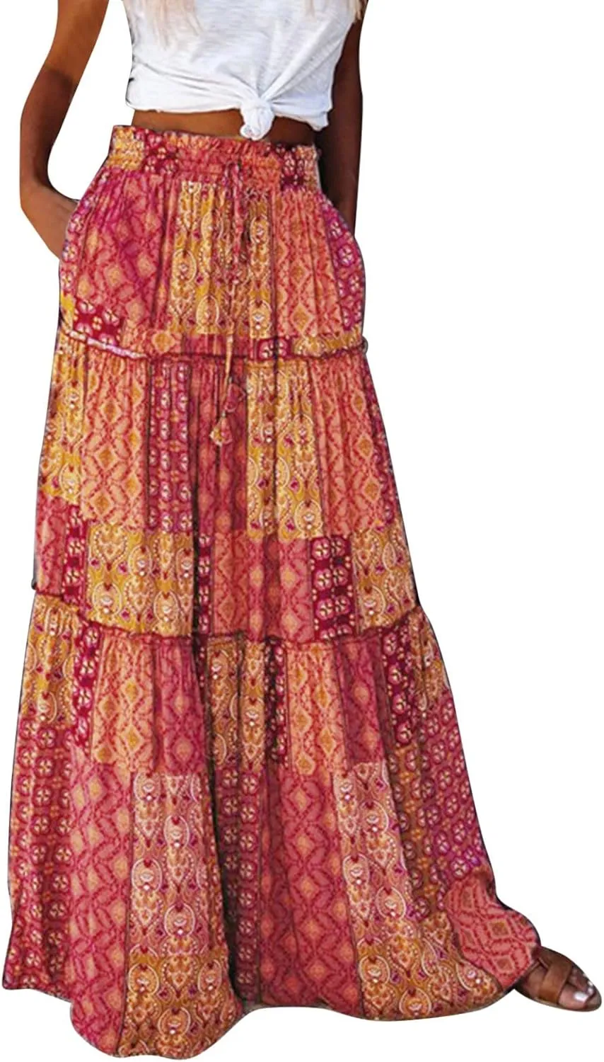 Flowy Long Maxi Skirts for Women Boho Floral Elastic High Waisted Tiered Pleated Summer Casual Beach Skirt