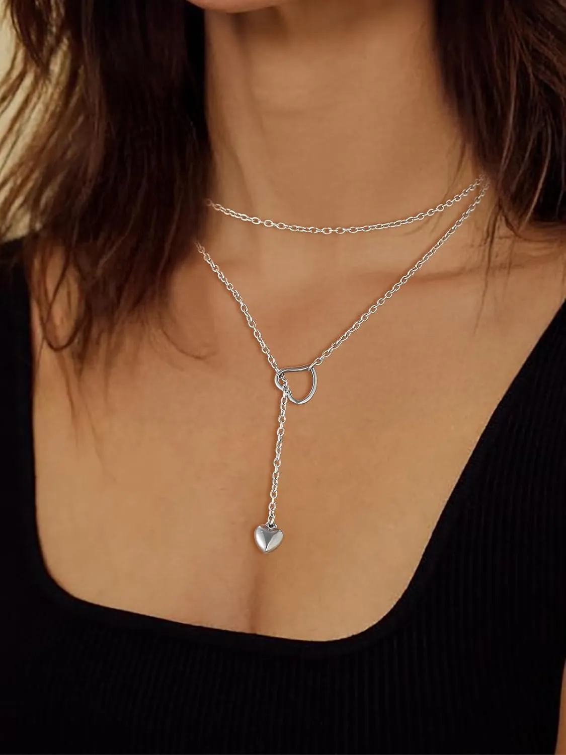 FOCALOOK Lariat Y-Necklaces | Long Necklaces for Women | Long Black Necklaces | Gold Necklaces for Women | Drop Heart Necklaces for Women | Front Adjustable Long Chain Necklace
