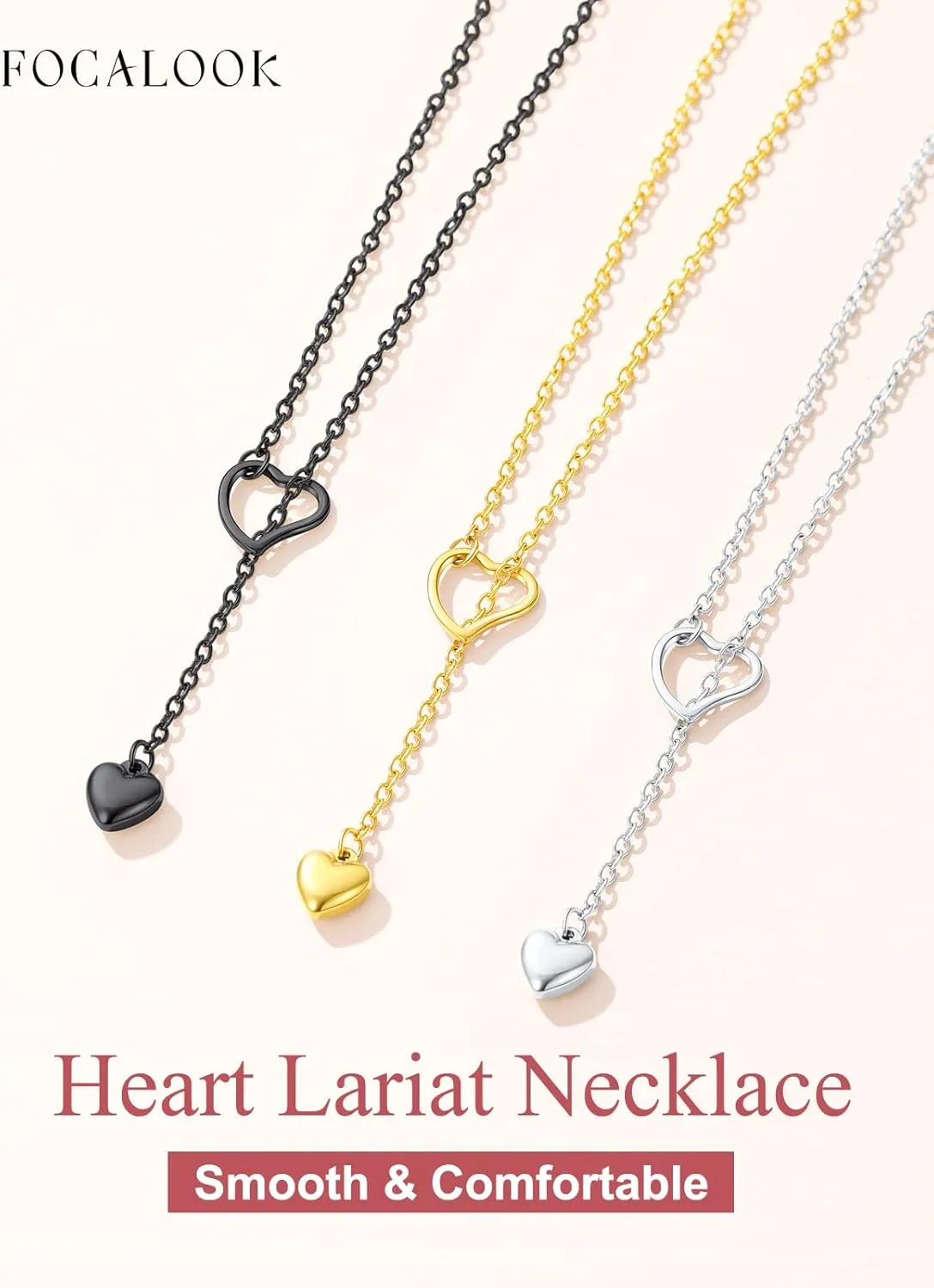 FOCALOOK Lariat Y-Necklaces | Long Necklaces for Women | Long Black Necklaces | Gold Necklaces for Women | Drop Heart Necklaces for Women | Front Adjustable Long Chain Necklace