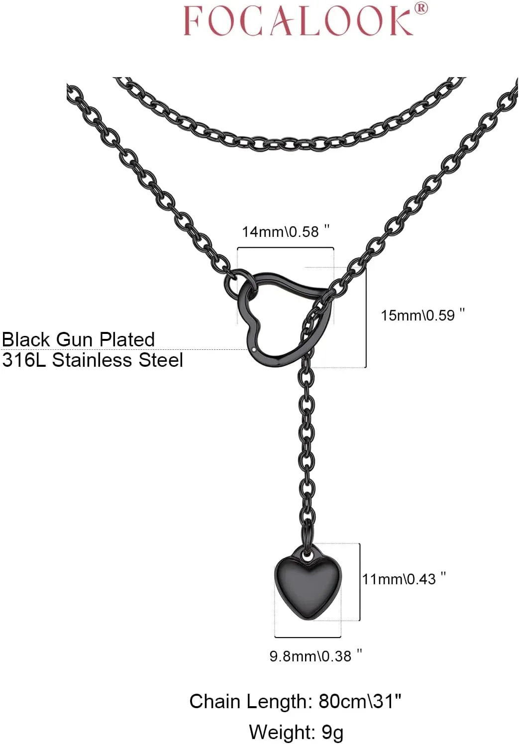 FOCALOOK Lariat Y-Necklaces | Long Necklaces for Women | Long Black Necklaces | Gold Necklaces for Women | Drop Heart Necklaces for Women | Front Adjustable Long Chain Necklace