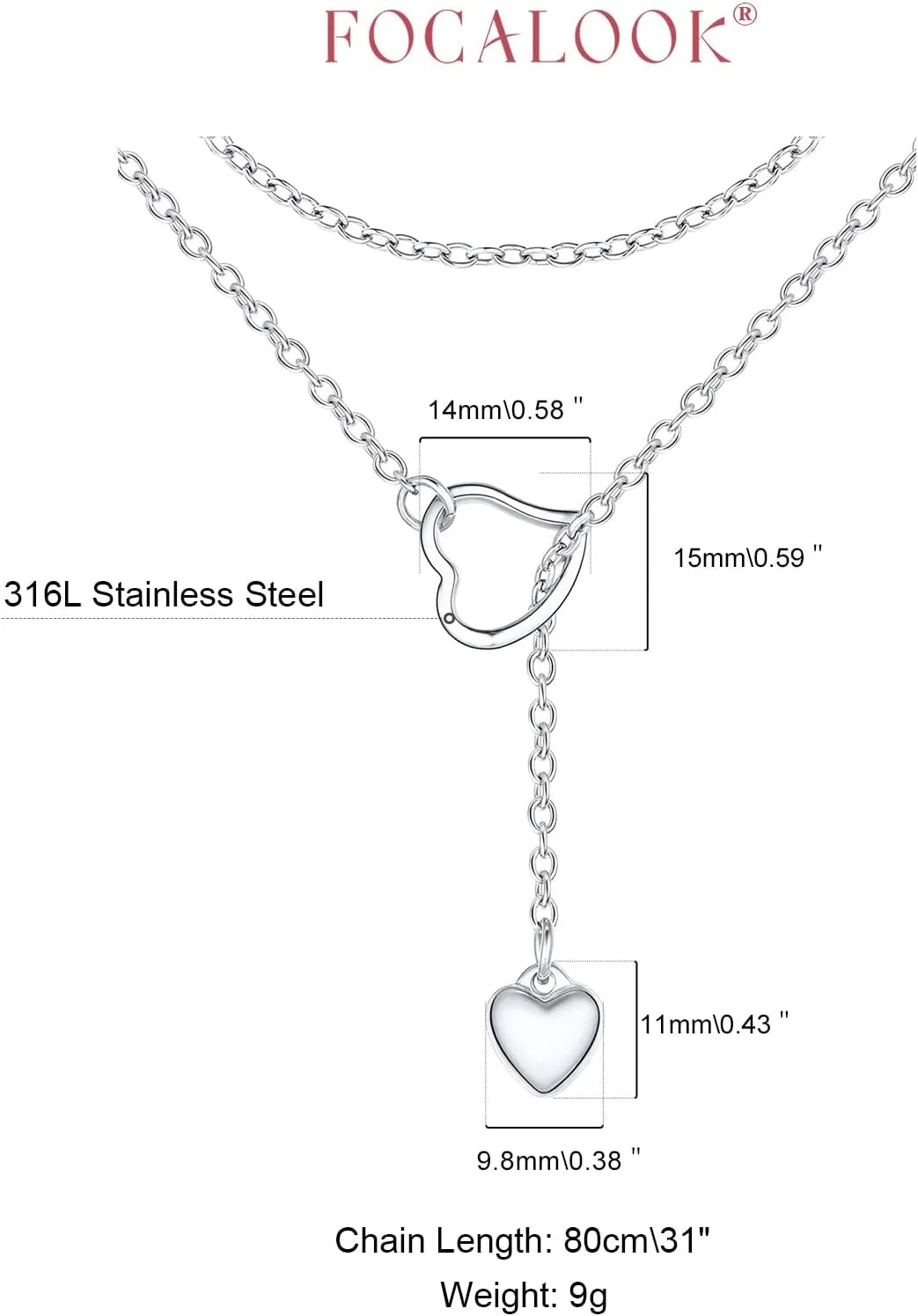 FOCALOOK Lariat Y-Necklaces | Long Necklaces for Women | Long Black Necklaces | Gold Necklaces for Women | Drop Heart Necklaces for Women | Front Adjustable Long Chain Necklace