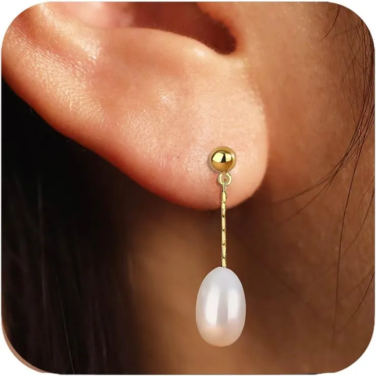 Freshwater Pearl Drop Earrings 14k Gold Plated Dangle White Pearl Earrings for Women Elegant Minimalist Simple Bridal Earrings Bridesmaid Earring Jewelry