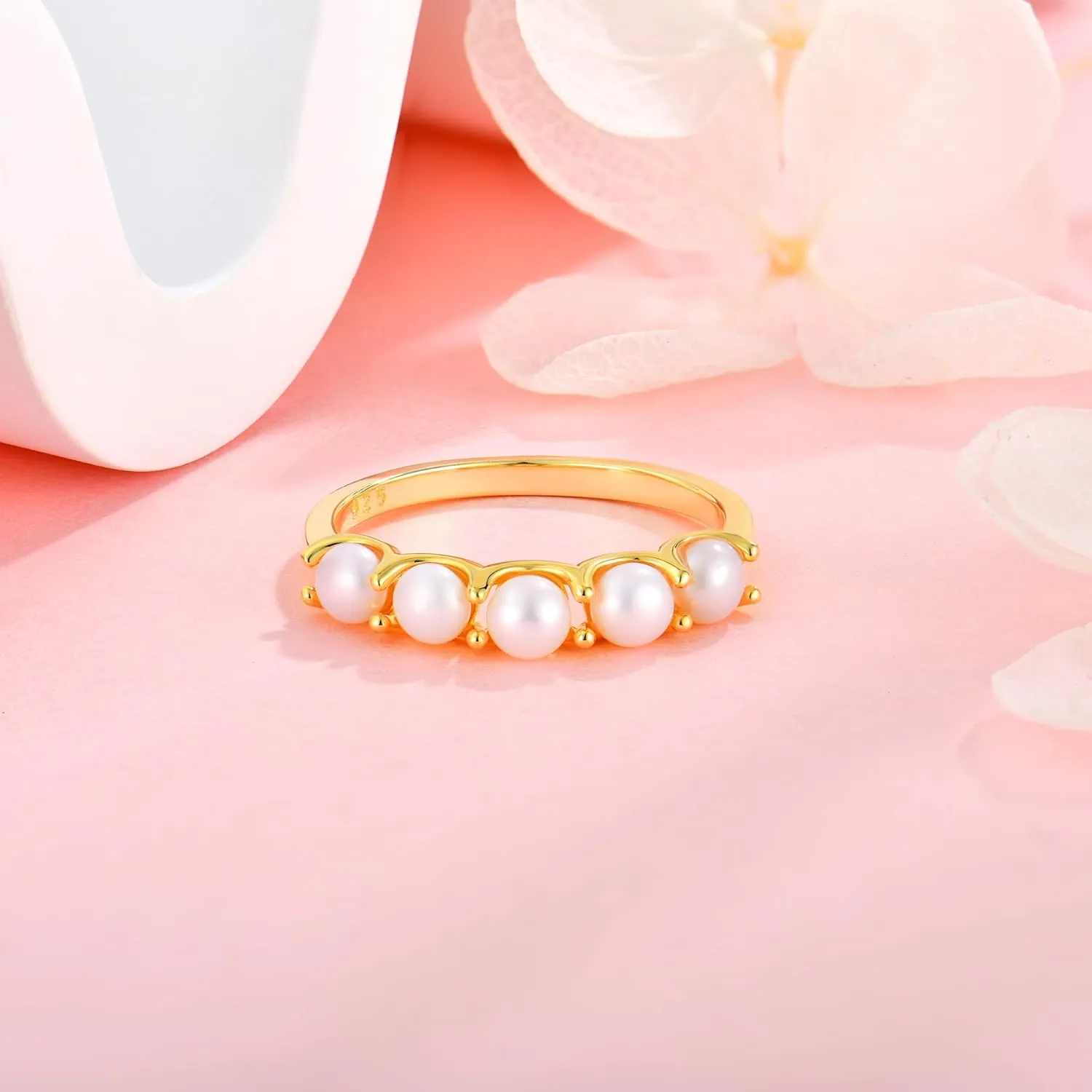 Freshwater Pearl Stackable Rings for Women 925 Sterling Silver 5 Pearls Diameter 4 mm Half Eternity Engagement Promise Wedding Band Rings Jewelry for Size 6-9