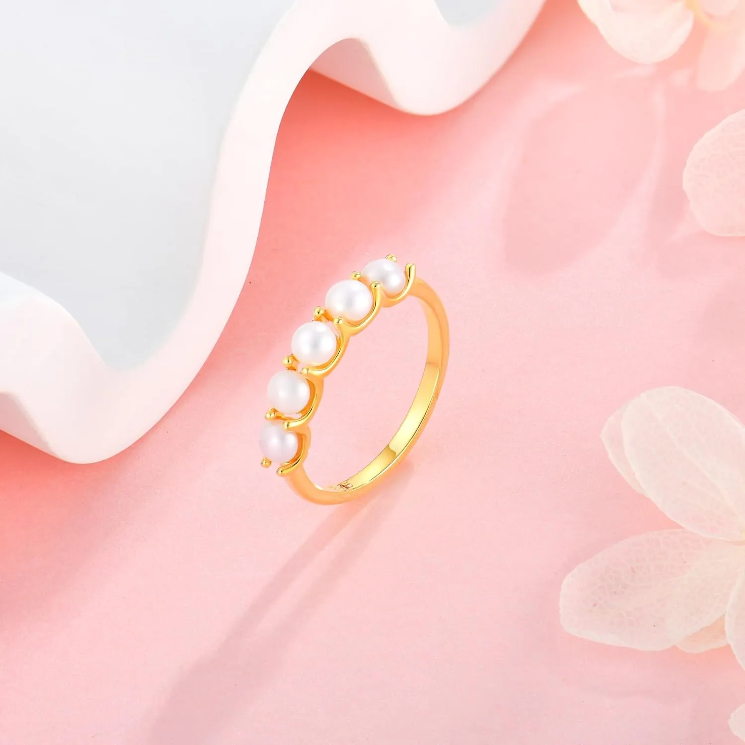 Freshwater Pearl Stackable Rings for Women 925 Sterling Silver 5 Pearls Diameter 4 mm Half Eternity Engagement Promise Wedding Band Rings Jewelry for Size 6-9