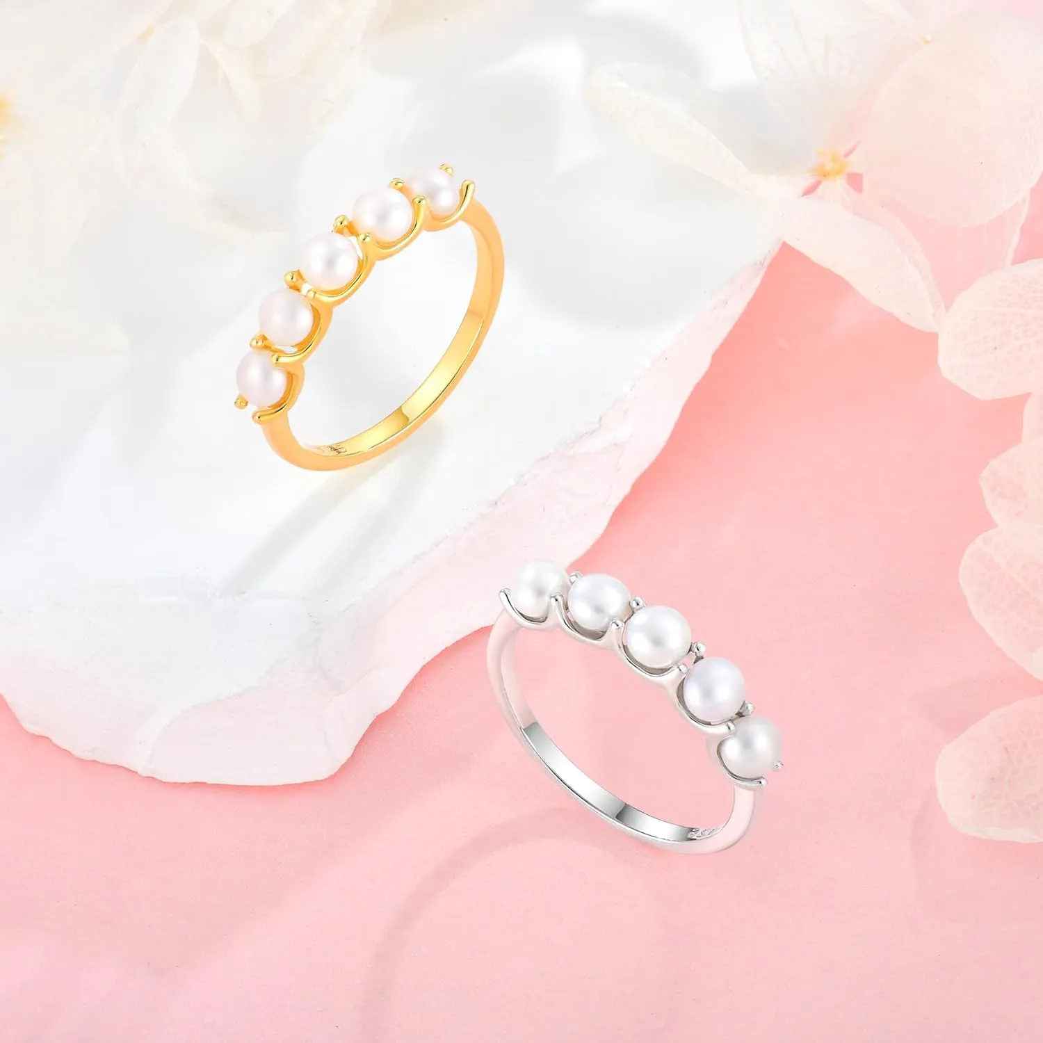 Freshwater Pearl Stackable Rings for Women 925 Sterling Silver 5 Pearls Diameter 4 mm Half Eternity Engagement Promise Wedding Band Rings Jewelry for Size 6-9