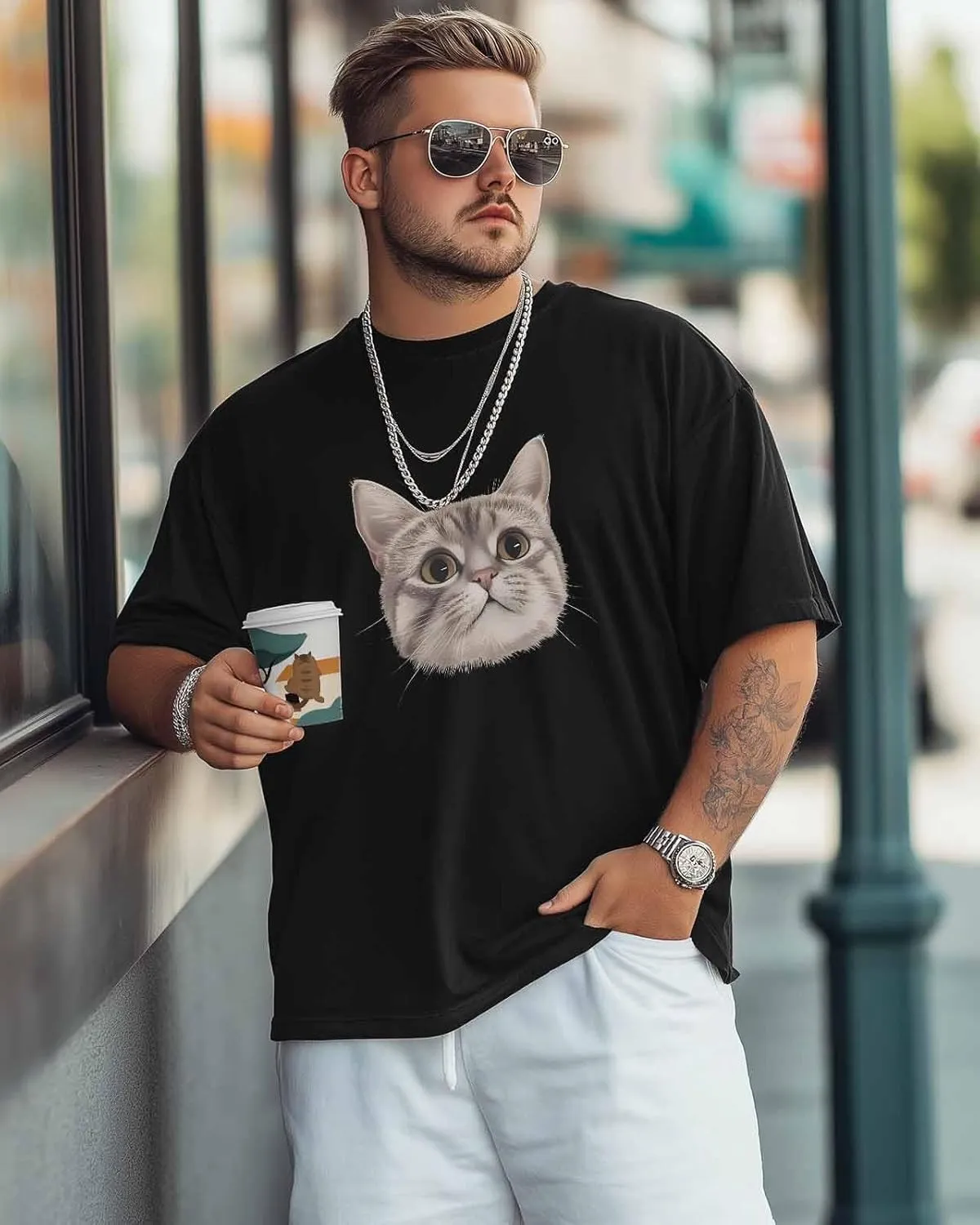 Funny Cute Cat Crew Neck Men's T-Shirts,Short Sleeve Shirts for Women Men,Animasl Graphic Workout Tee Tops Undershirt S-3XL