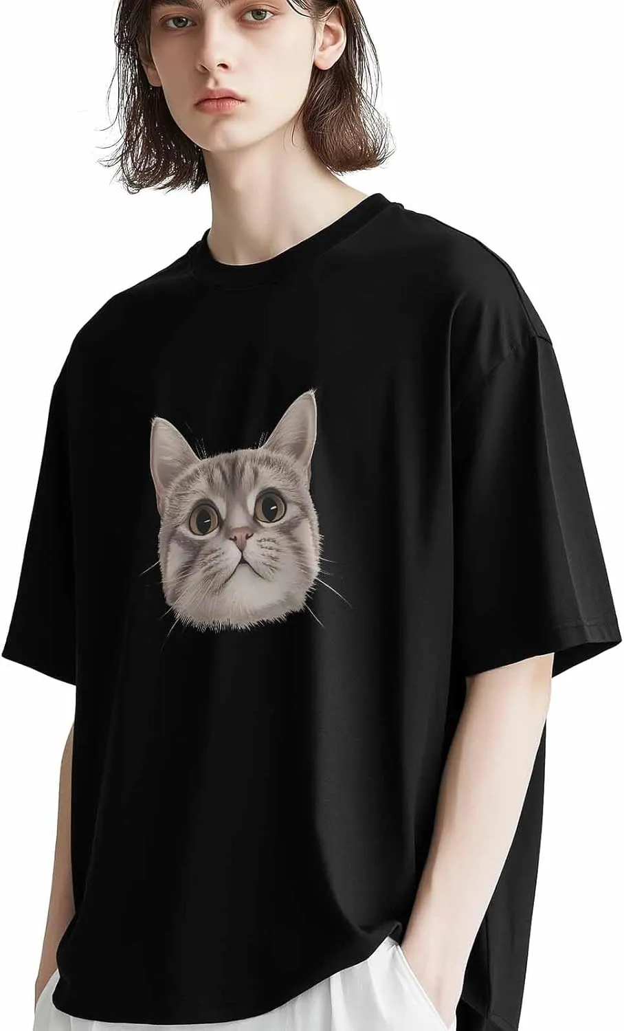 Funny Cute Cat Crew Neck Men's T-Shirts,Short Sleeve Shirts for Women Men,Animasl Graphic Workout Tee Tops Undershirt S-3XL