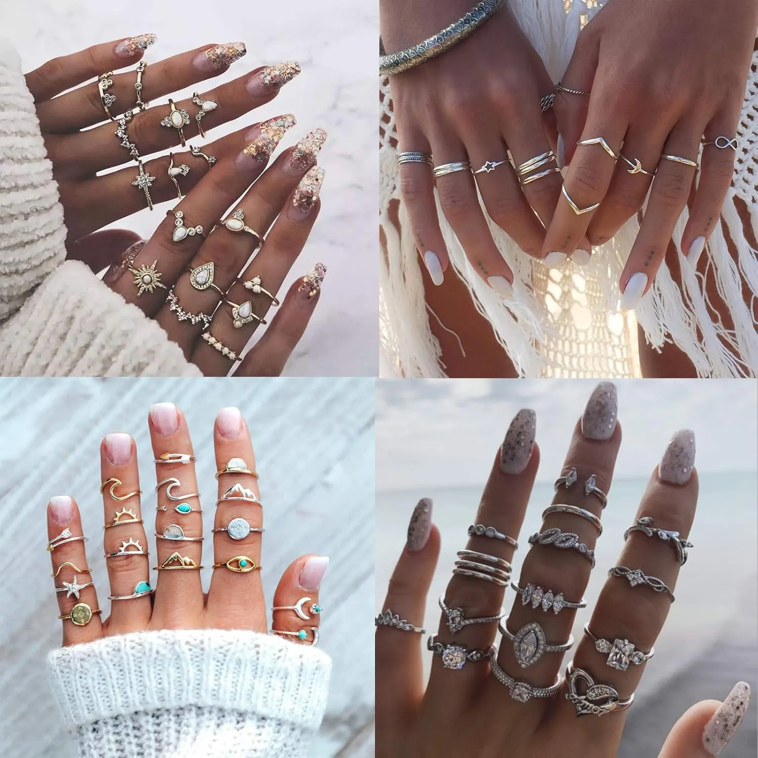FUTIMELY 62-101Pcs Vintage Knuckle Rings Set Stackable Midi Rings for Women Bohemian Gold Silver Rings Crystal Joint Finger Rings Set
