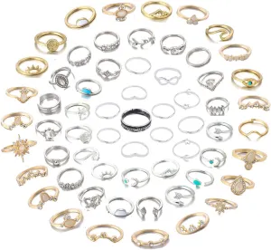 FUTIMELY 62-101Pcs Vintage Knuckle Rings Set Stackable Midi Rings for Women Bohemian Gold Silver Rings Crystal Joint Finger Rings Set