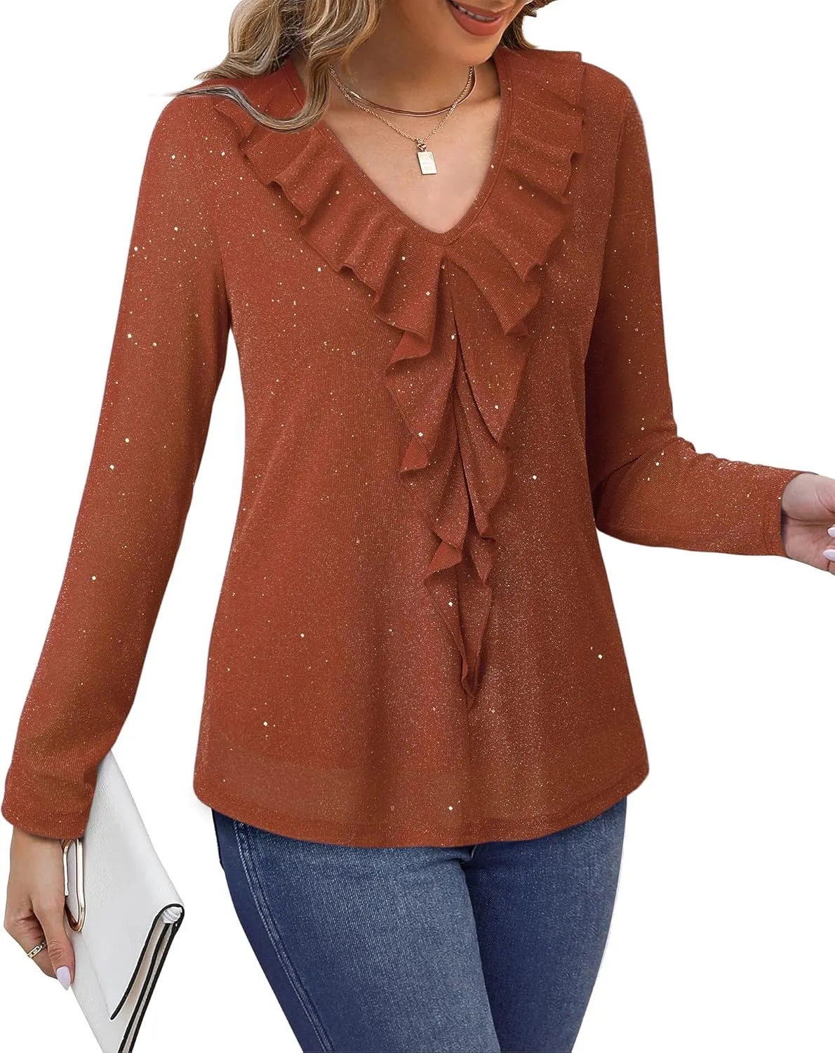 Gaharu Women's Dressy Blouses Long Sleeve Ruffle Shirts Casual Loose Fit Mesh Double Layers Flowy Tunic Tops