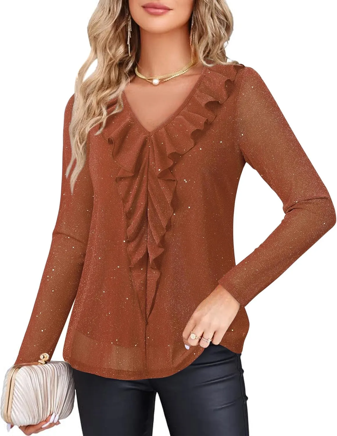 Gaharu Women's Dressy Blouses Long Sleeve Ruffle Shirts Casual Loose Fit Mesh Double Layers Flowy Tunic Tops