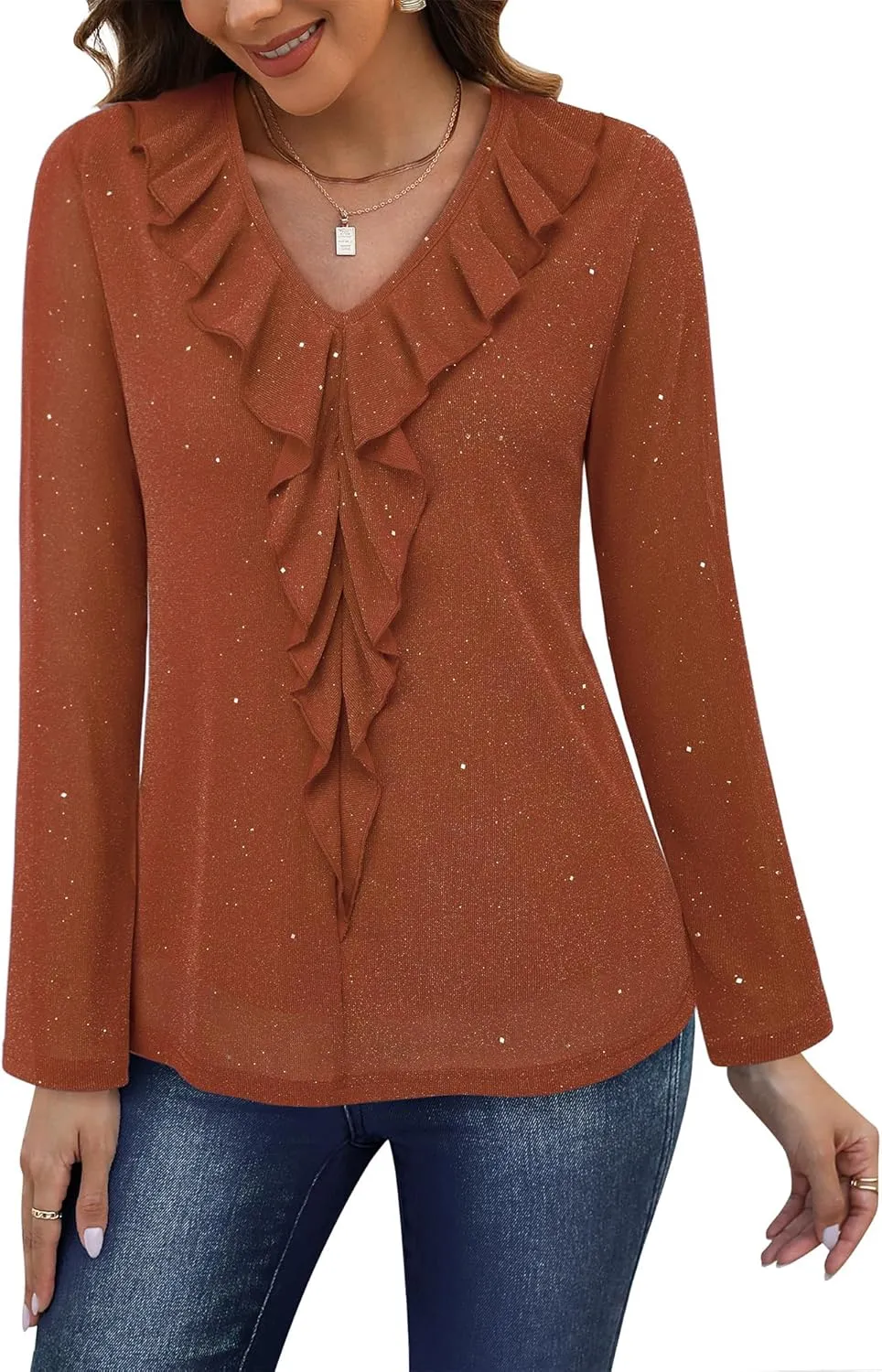 Gaharu Women's Dressy Blouses Long Sleeve Ruffle Shirts Casual Loose Fit Mesh Double Layers Flowy Tunic Tops