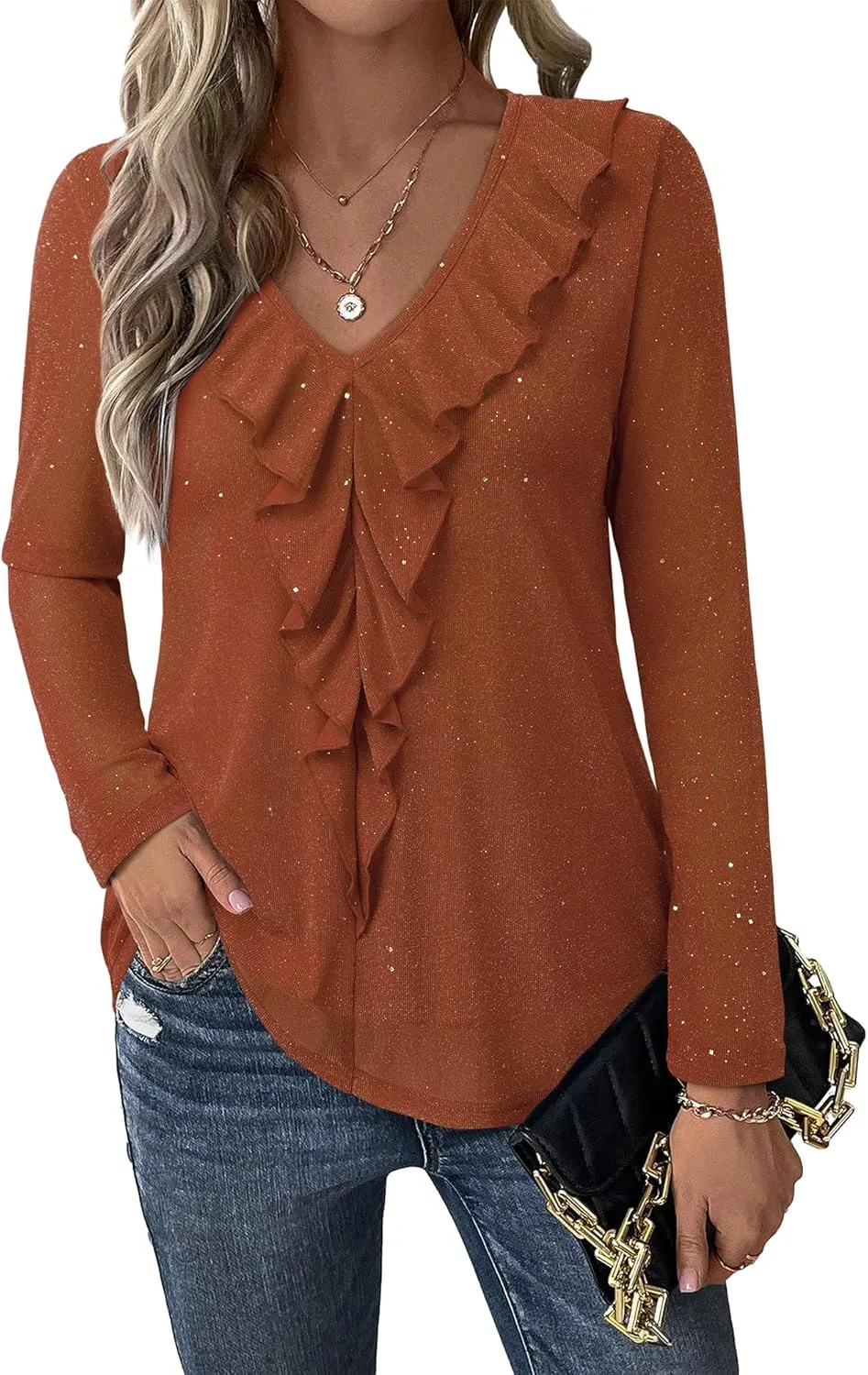 Gaharu Women's Dressy Blouses Long Sleeve Ruffle Shirts Casual Loose Fit Mesh Double Layers Flowy Tunic Tops